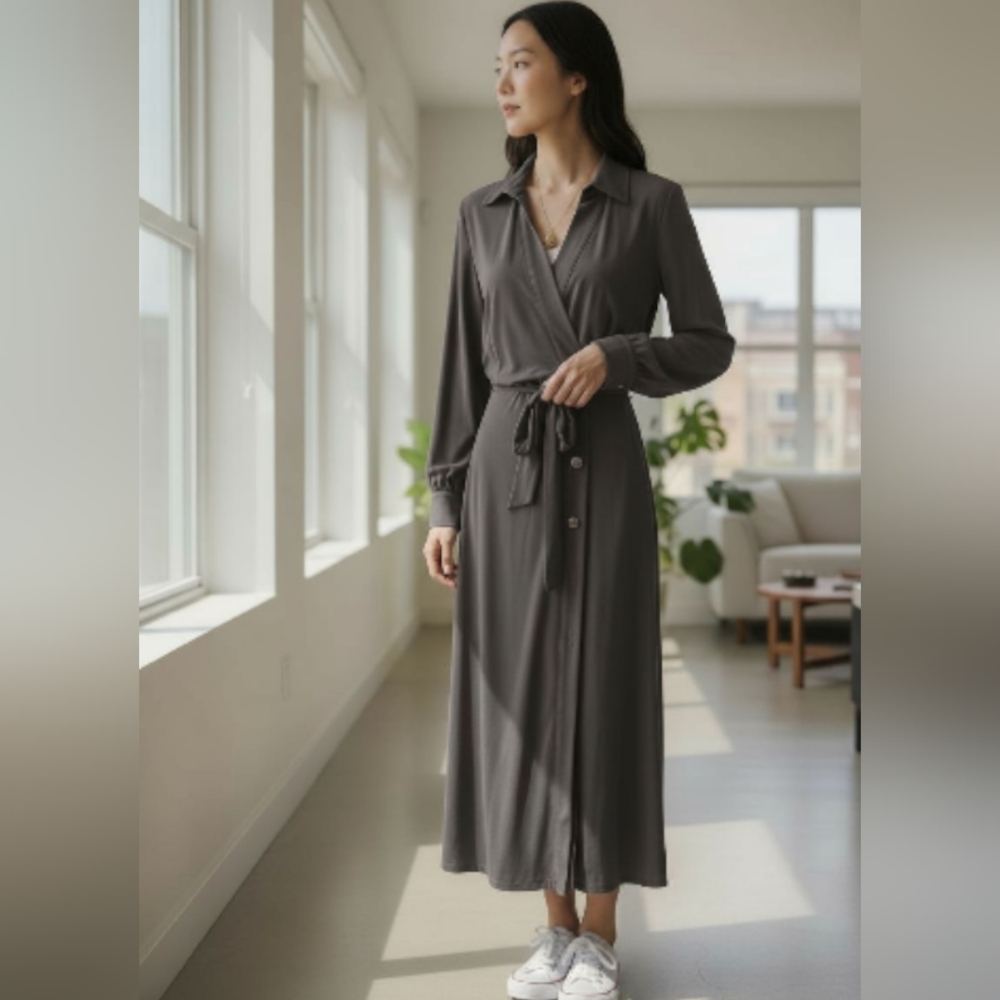 Taylor Women's Dark Gray Long Sleeved Maxi Wrap Dress - Size 8